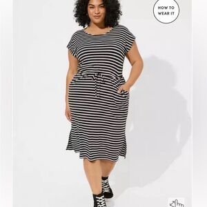 Torrid Jersey Criss Cross Black and White Striped Midi Dress